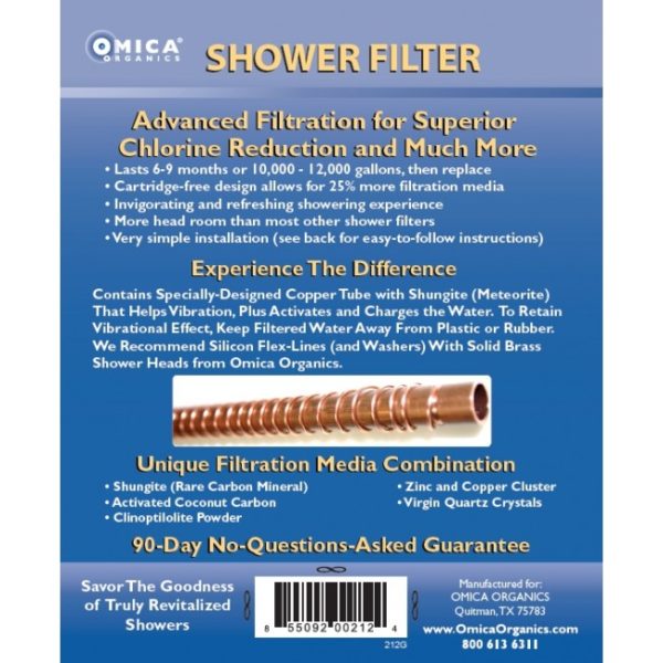 Water By Omica Natural Shower Filter Cartridge Shungite, Zeolite, KDF, Quartz Info Card