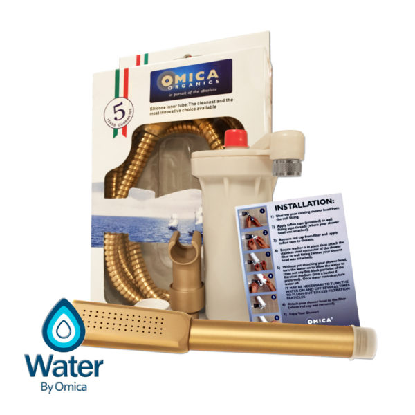 Water By Omica Solid Brass Handheld Complete Shower Filter System, Chlorine Filtration, Showerhead, Wall Mount, Vortex Hose