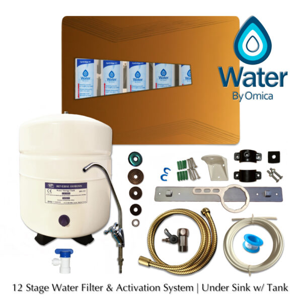 Water by Omica 12 Stage Under Counter Reverse Osmosis RO Home Water Filter System with Storage Tank Contents